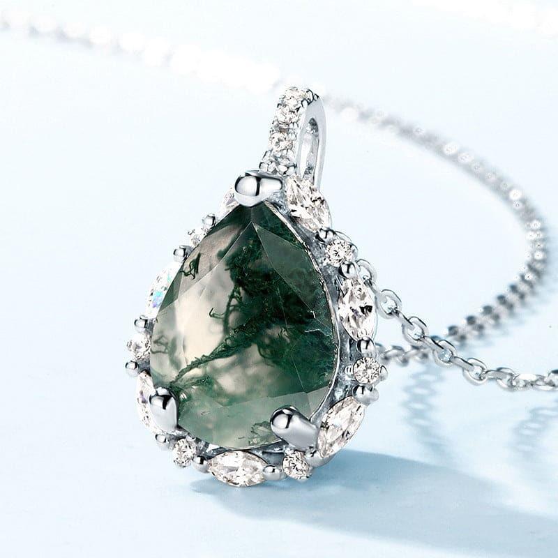 Linnet’s Dew | Moss Agate Teardrop Pendant in Sterling Silver.