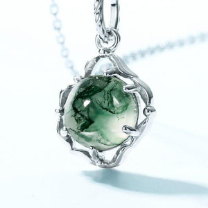 Celtic Knot Natural Moss Agate Pendant Necklace - S925 Sterling Silver.