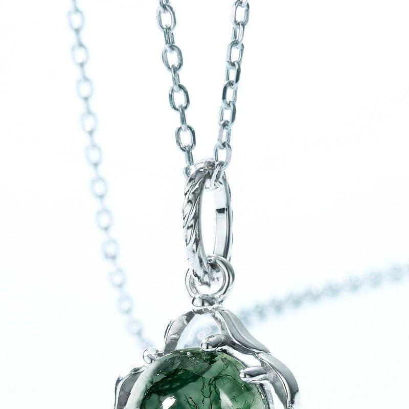 Celtic Knot Natural Moss Agate Pendant Necklace - S925 Sterling Silver.