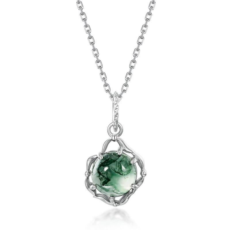 Celtic Knot Natural Moss Agate Pendant Necklace - S925 Sterling Silver.