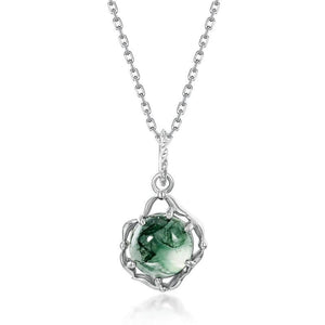 Celtic Knot Natural Moss Agate Pendant Necklace - S925 Sterling Silver.