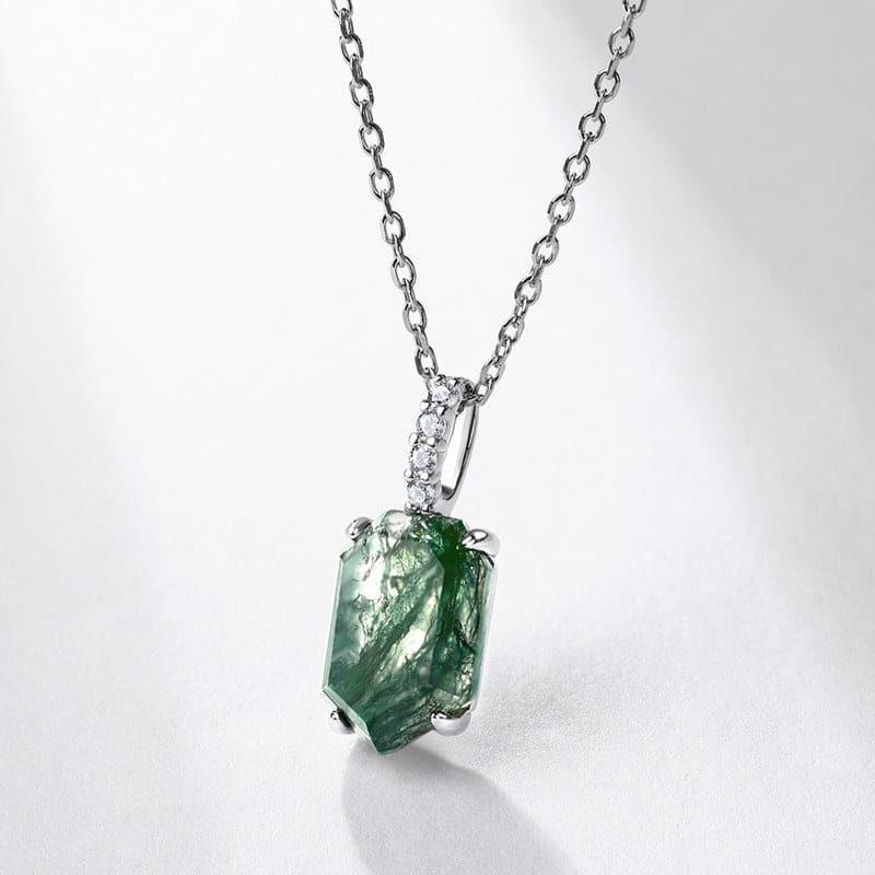 Coffin Cut Natural Moss Agate Column Pendant Necklace - S925 Sterling Silver.