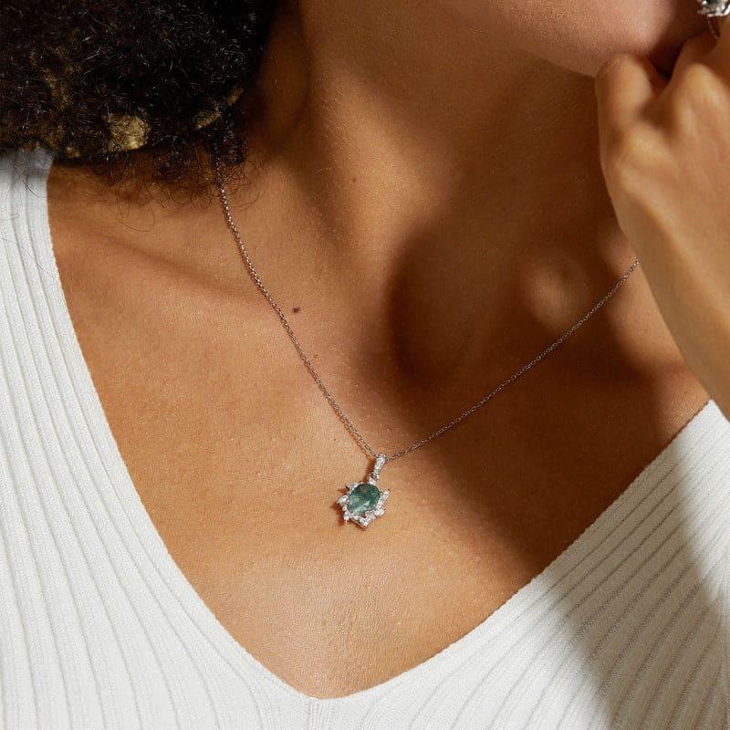 Starburst Natural Moss Agate Pendant Necklace - S925 Sterling Silver.