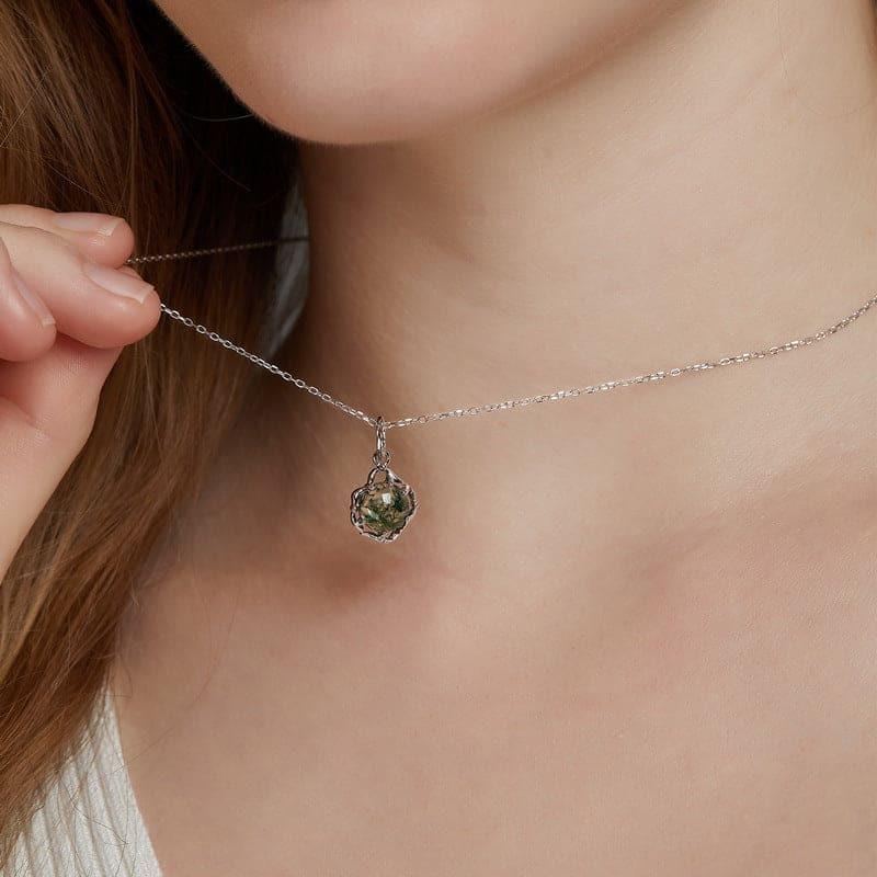 Celtic Knot Natural Moss Agate Pendant Necklace - S925 Sterling Silver.