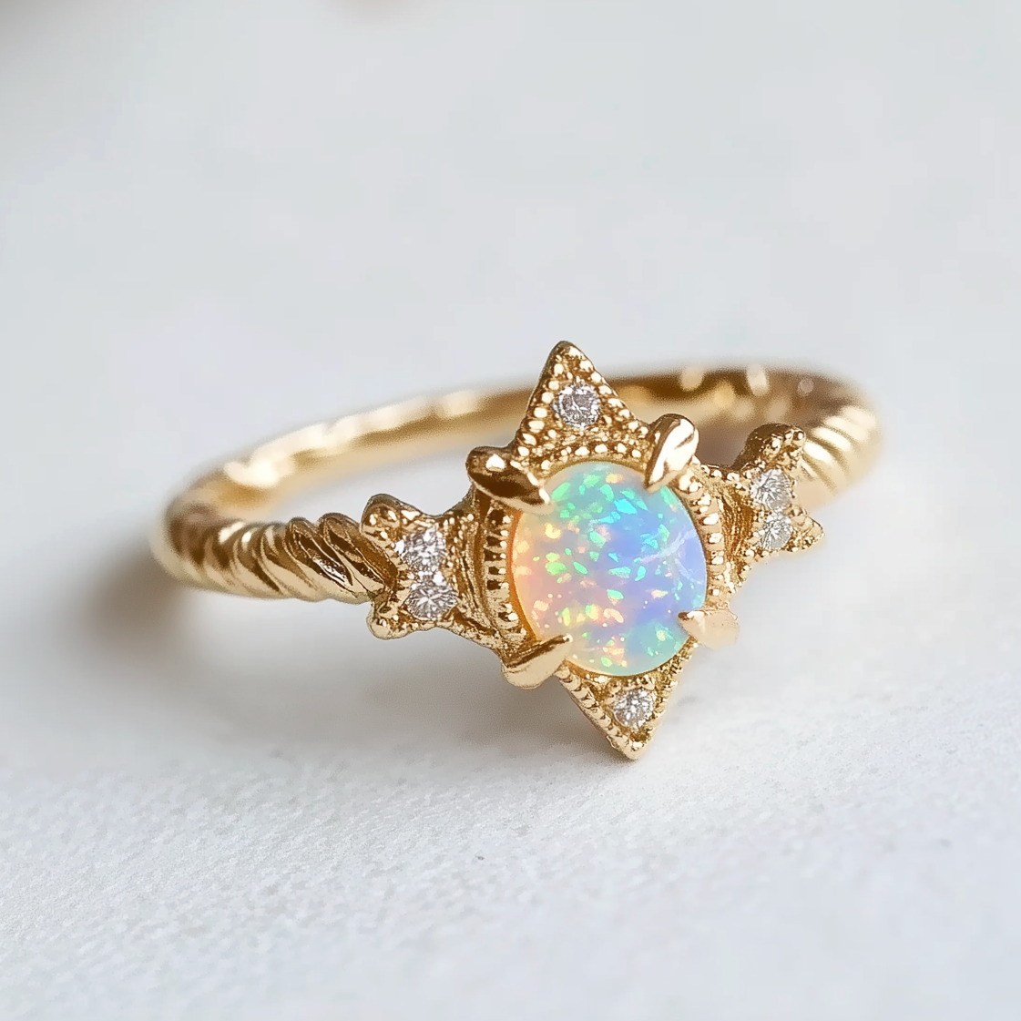 Aurora’s Lattice | Oval Opal Engagement Ring with Lozenge Weave Setting.