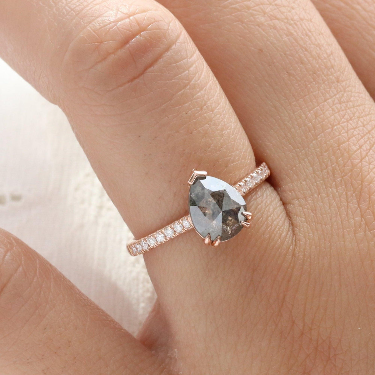 2.0 Ct Pear Salt and Pepper Diamond Ring in 14k Rose Gold Solitaire Pave Band Size 6.5.