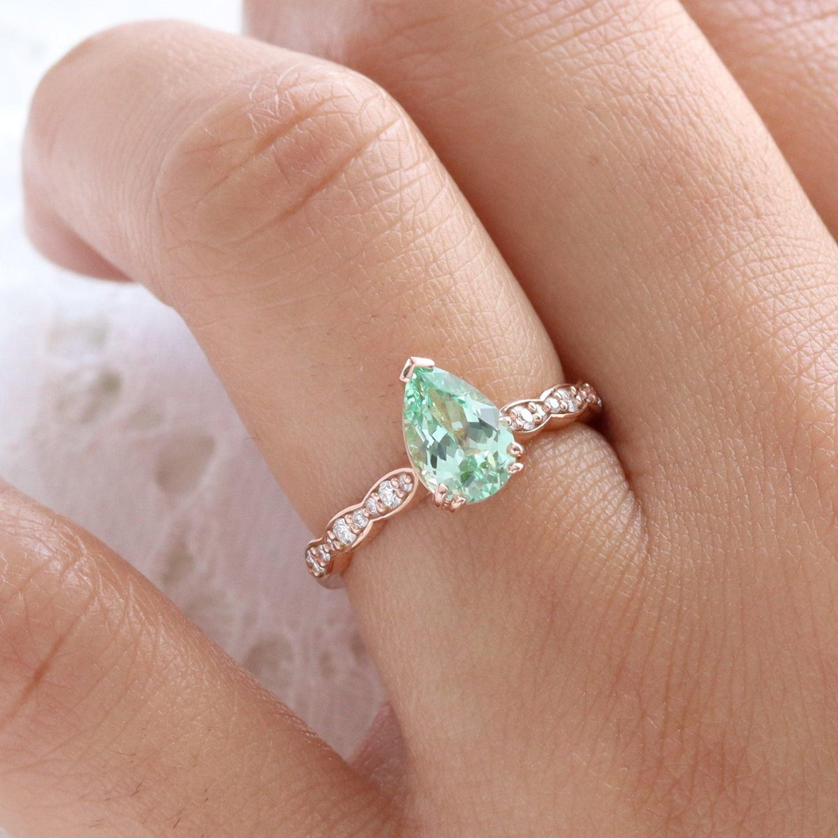 Cora's Mist | 1.5CT Pear Cut Green Sapphire Engagement Ring.