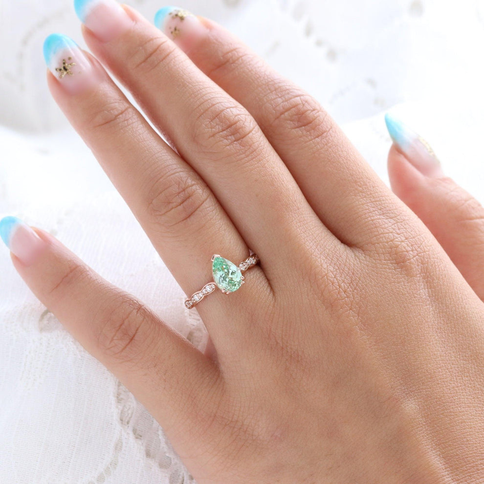 Cora's Mist | 1.5CT Pear Cut Green Sapphire Engagement Ring.