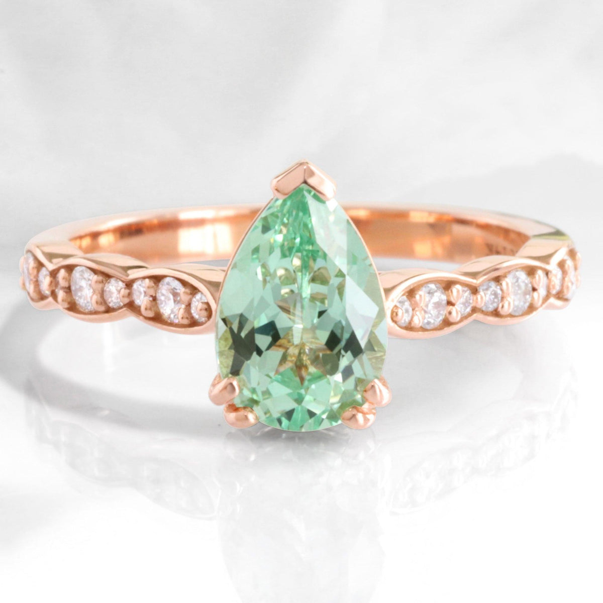 Cora's Mist | 1.5CT Pear Cut Green Sapphire Engagement Ring.