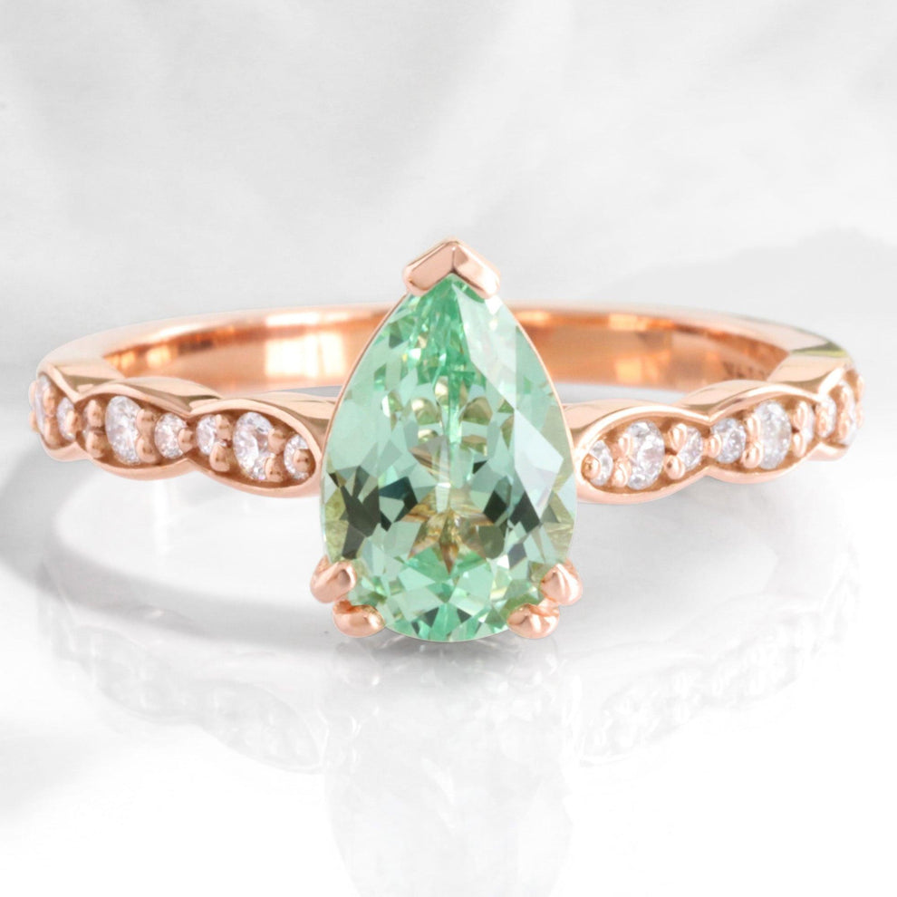 Cora's Mist | 1.5CT Pear Cut Green Sapphire Engagement Ring.