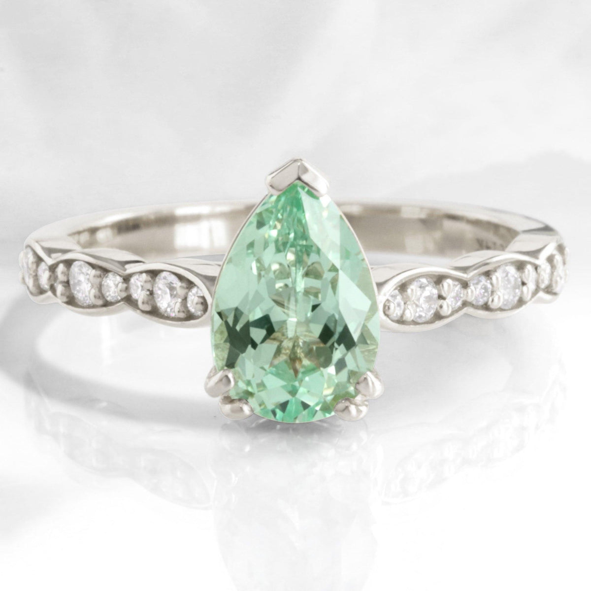 Cora's Mist | 1.5CT Pear Cut Green Sapphire Engagement Ring.