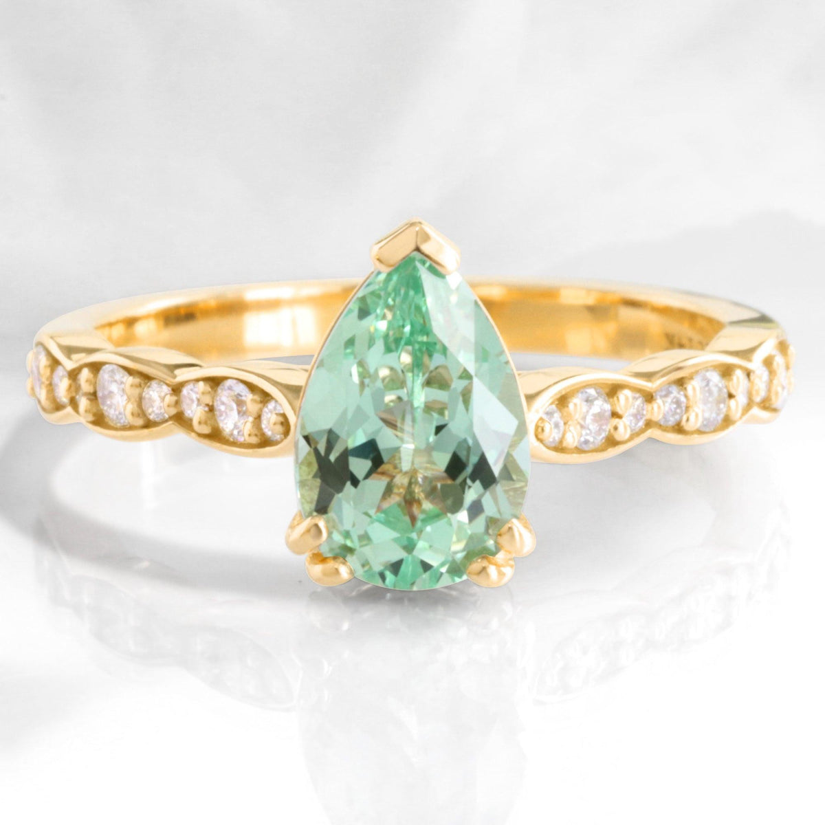 Cora's Mist | 1.5CT Pear Cut Green Sapphire Engagement Ring.