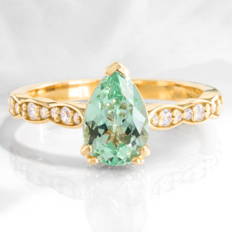 Cora's Mist | 1.5CT Pear Cut Green Sapphire Engagement Ring.