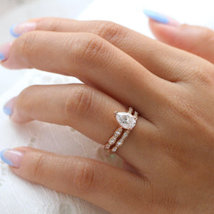 Grace Solitaire Pear Bridal Ring Set w/ Moissanite and Matching Diamond Band.