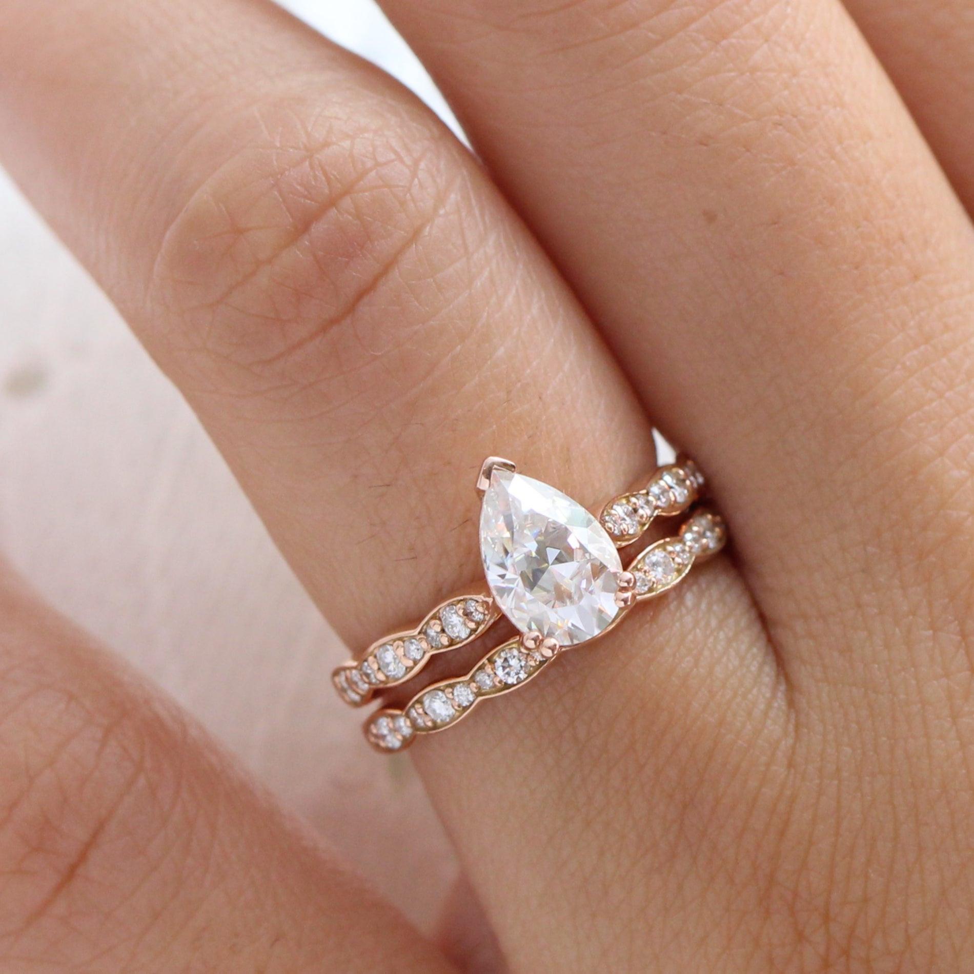 Grace Solitaire Pear Bridal Ring Set w/ Moissanite and Matching Diamond Band.