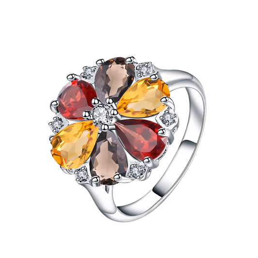 Radiant Floral Garnet Citrine Statement Ring - Stellaradorn