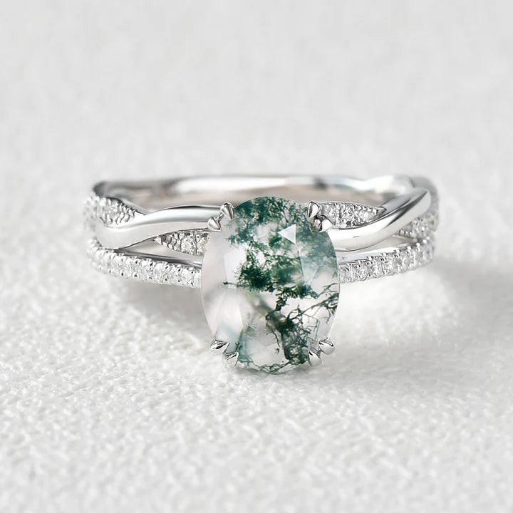 Ariadne’s Merge | 2CT Oval Moss Agate Bridal Set 2pcs.