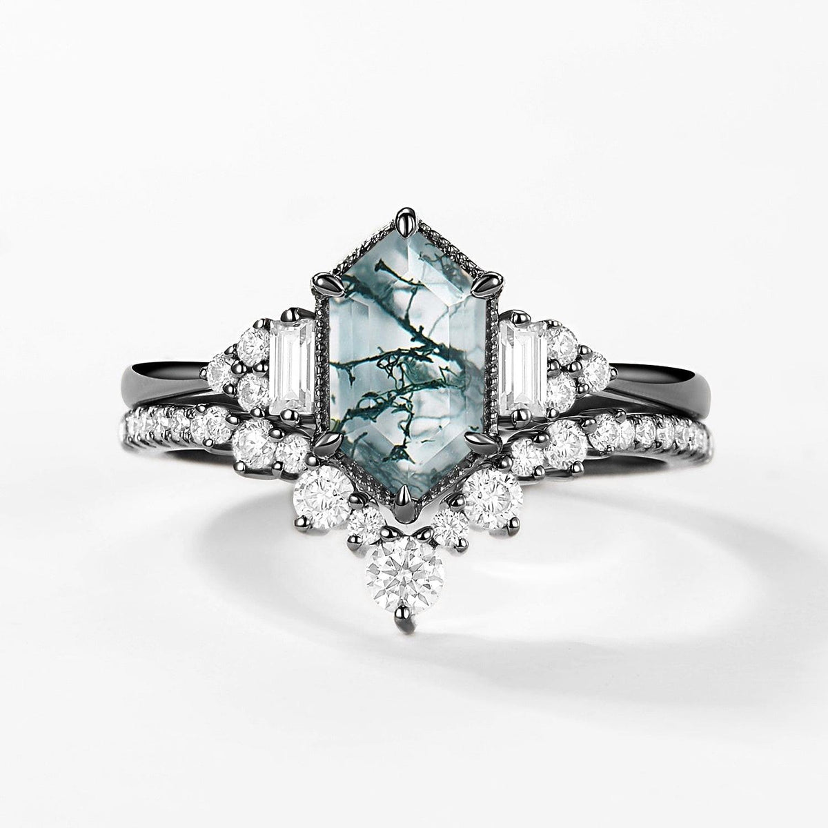 Long Hexagon Moss Agate Milgrain Engagement Ring Set 2pcs.