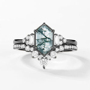 Long Hexagon Moss Agate Milgrain Engagement Ring Set 2pcs.