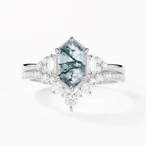 Long Hexagon Moss Agate Milgrain Engagement Ring Set 2pcs.