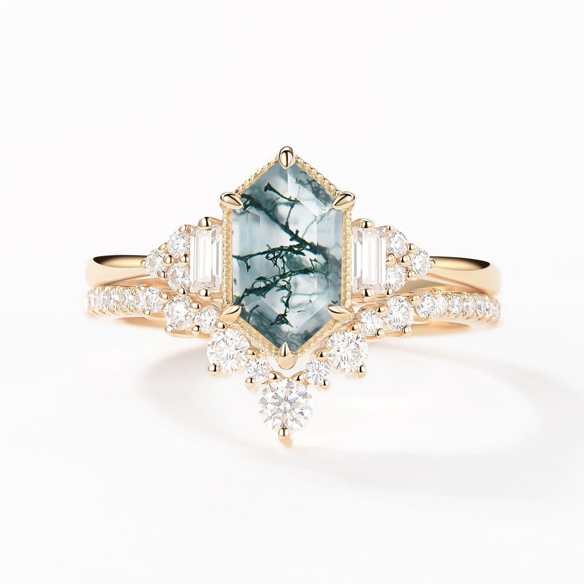 Long Hexagon Moss Agate Milgrain Engagement Ring Set 2pcs.