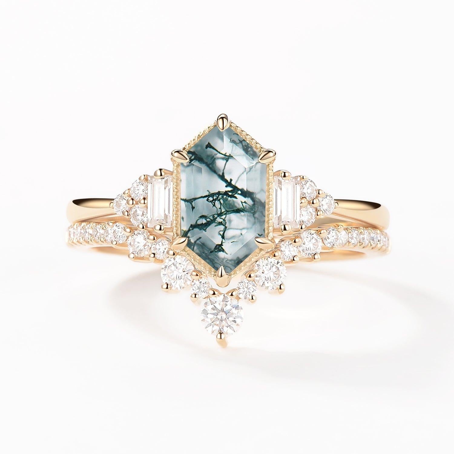 Long Hexagon Moss Agate Milgrain Engagement Ring Set 2pcs.