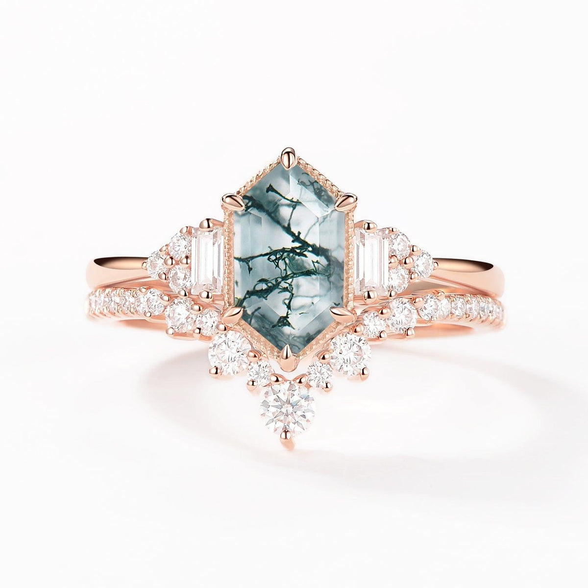 Long Hexagon Moss Agate Milgrain Engagement Ring Set 2pcs.