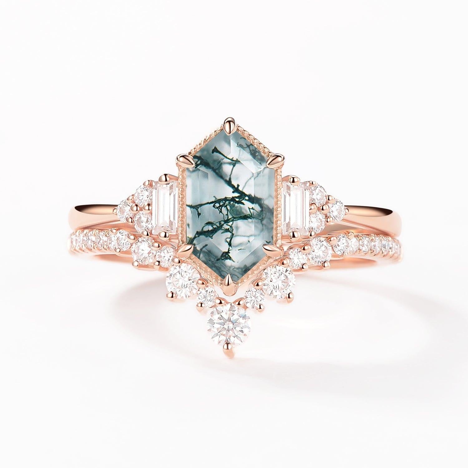 Long Hexagon Moss Agate Milgrain Engagement Ring Set 2pcs.