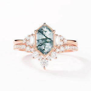 Long Hexagon Moss Agate Milgrain Engagement Ring Set 2pcs.