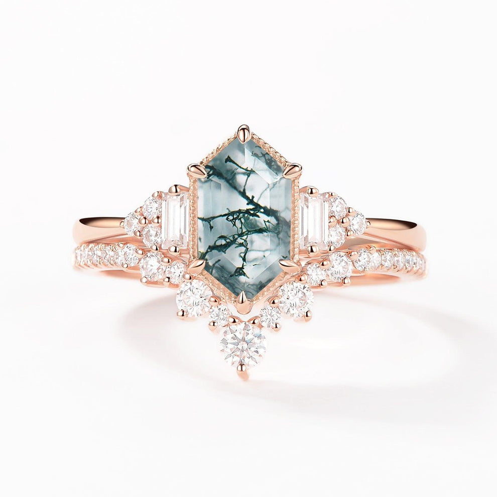 Long Hexagon Moss Agate Milgrain Engagement Ring Set 2pcs.