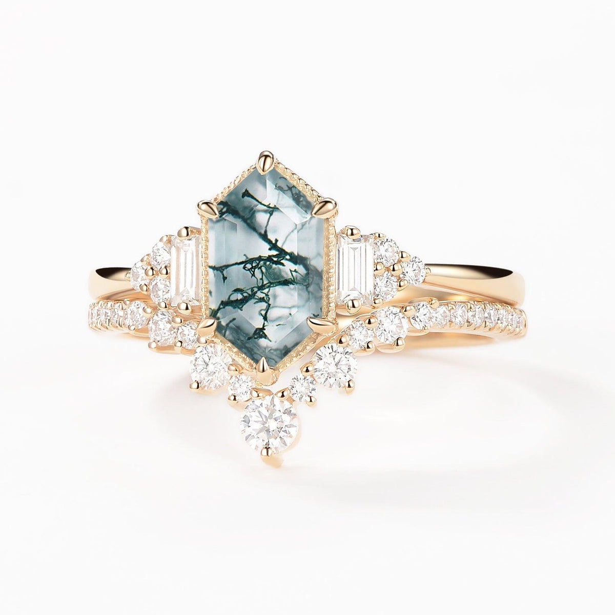 Long Hexagon Moss Agate Milgrain Engagement Ring Set 2pcs.