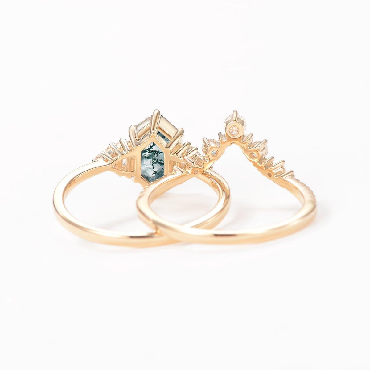 Long Hexagon Moss Agate Milgrain Engagement Ring Set 2pcs.