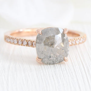 2.28 Ct Large Salt and Pepper Diamond Ring in 14k Rose Gold Solitaire Pave Band, Size 6.75.