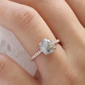 2.28 Ct Large Salt and Pepper Diamond Ring in 14k Rose Gold Solitaire Pave Band, Size 6.75.
