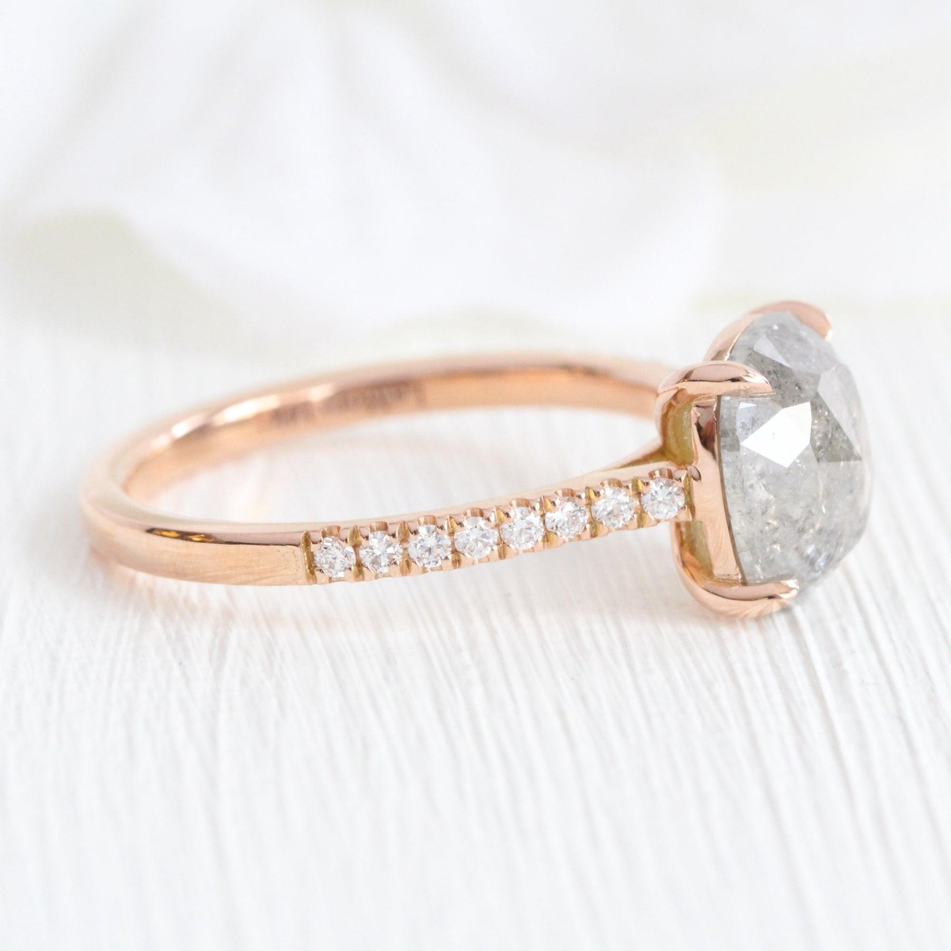 2.28 Ct Large Salt and Pepper Diamond Ring in 14k Rose Gold Solitaire Pave Band, Size 6.75.