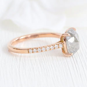2.28 Ct Large Salt and Pepper Diamond Ring in 14k Rose Gold Solitaire Pave Band, Size 6.75.
