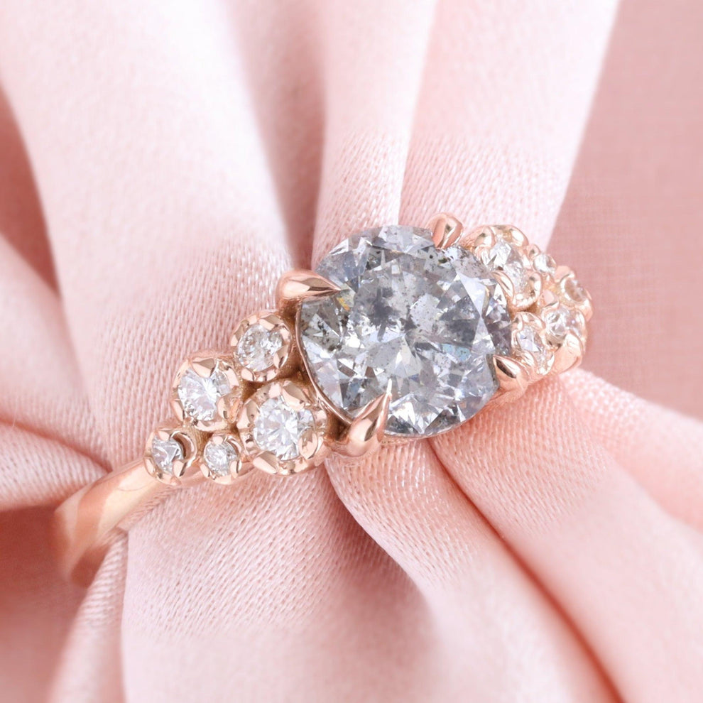 Rosalind’s Remembrance | Floral Cluster Round Salt & Pepper Diamond Engagement Ring.