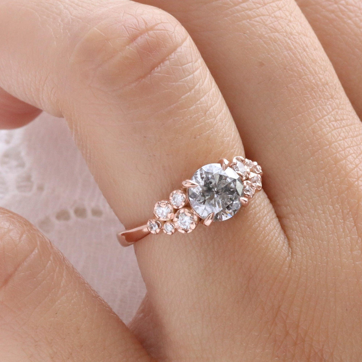 Rosalind’s Remembrance | Floral Cluster Round Salt & Pepper Diamond Engagement Ring.