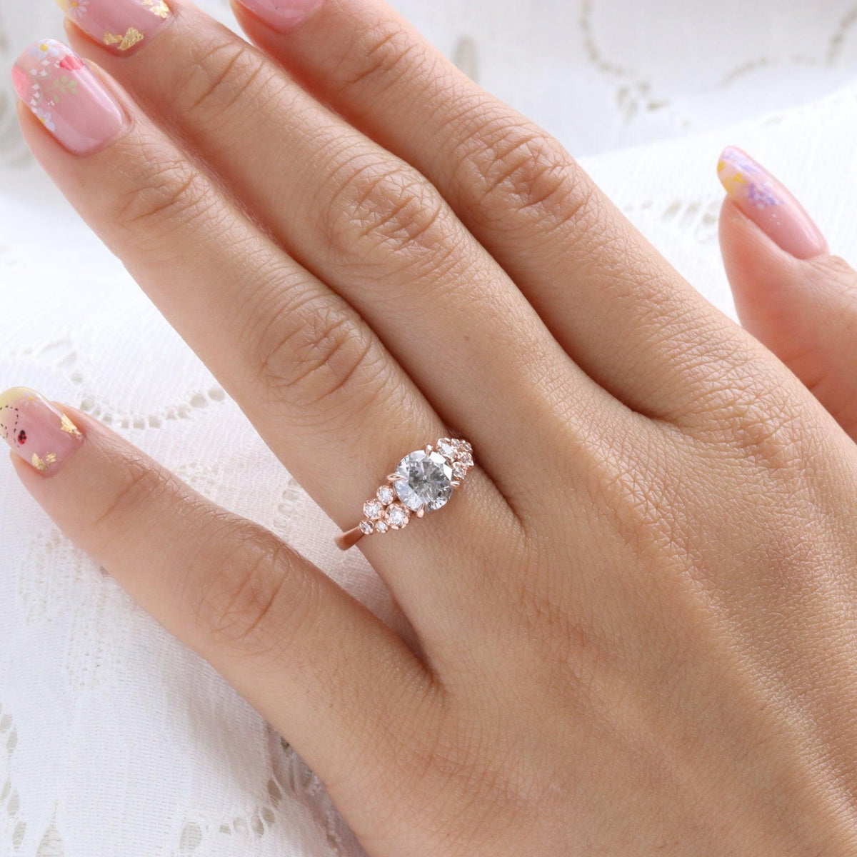 Rosalind’s Remembrance | Floral Cluster Round Salt & Pepper Diamond Engagement Ring.