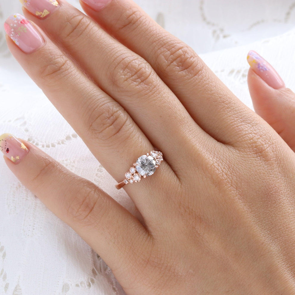 Rosalind’s Remembrance | Floral Cluster Round Salt & Pepper Diamond Engagement Ring.