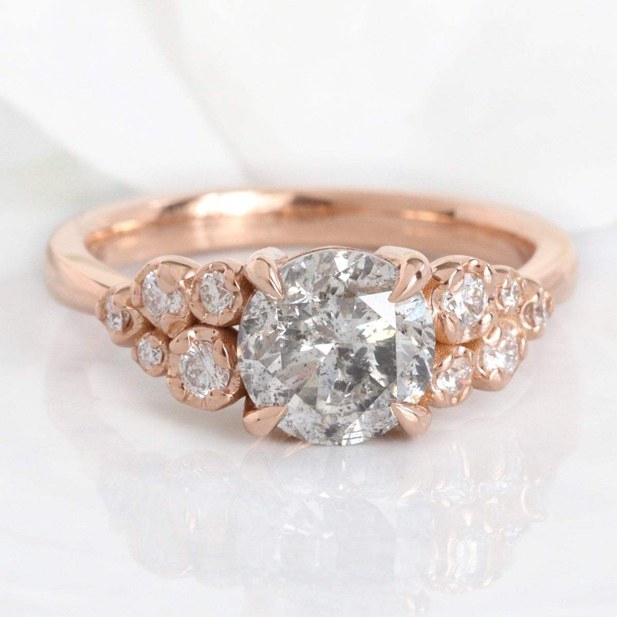 Rosalind’s Remembrance | Floral Cluster Round Salt & Pepper Diamond Engagement Ring.
