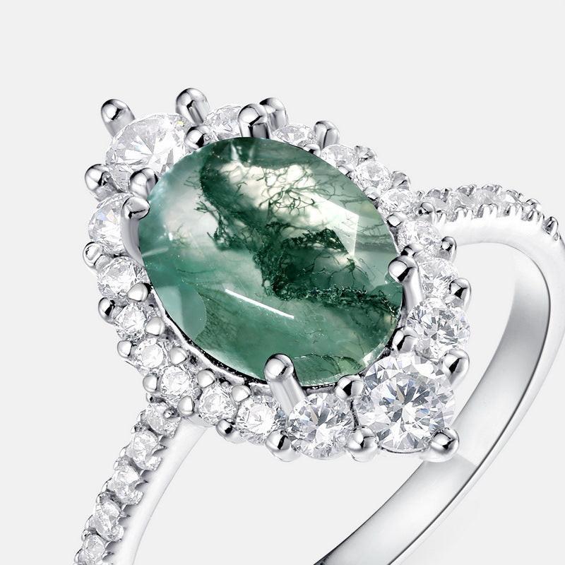 Sylvie’s Dew | Oval Moss Agate Engagement Ring with Diamond Halo & Band Accents.