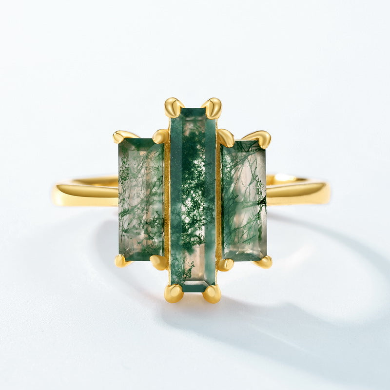 Geometric Tri-Panel Moss Agate Gold Statement Ring