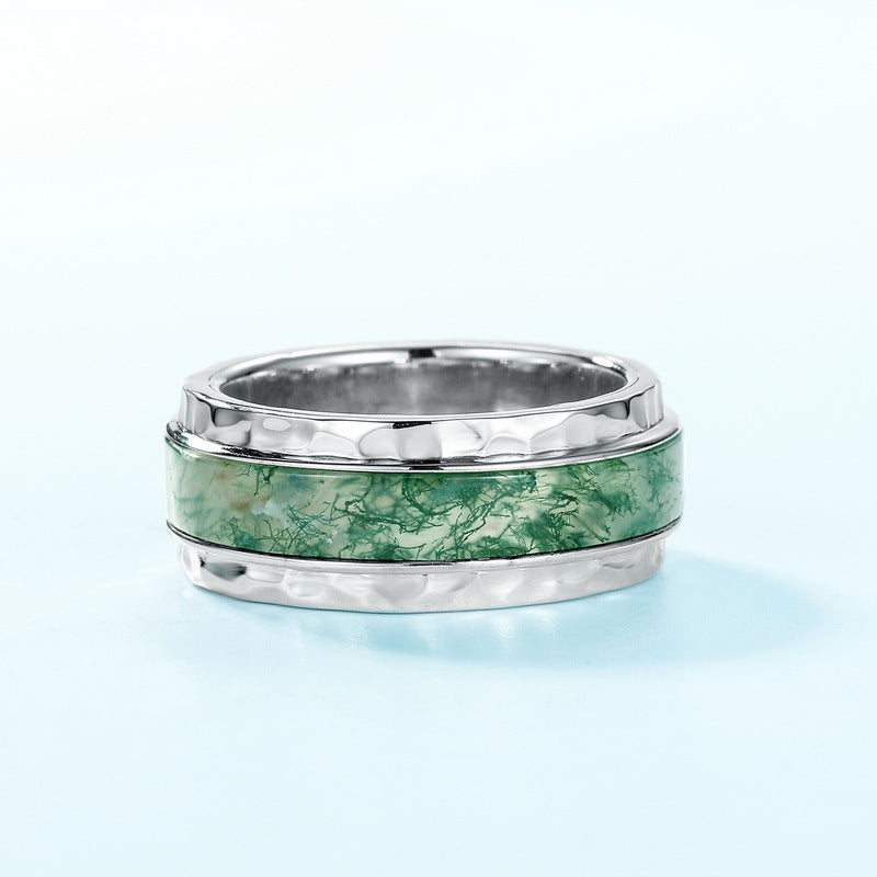 Bold Hammered Sterling Silver Moss Agate Statement Band Ring