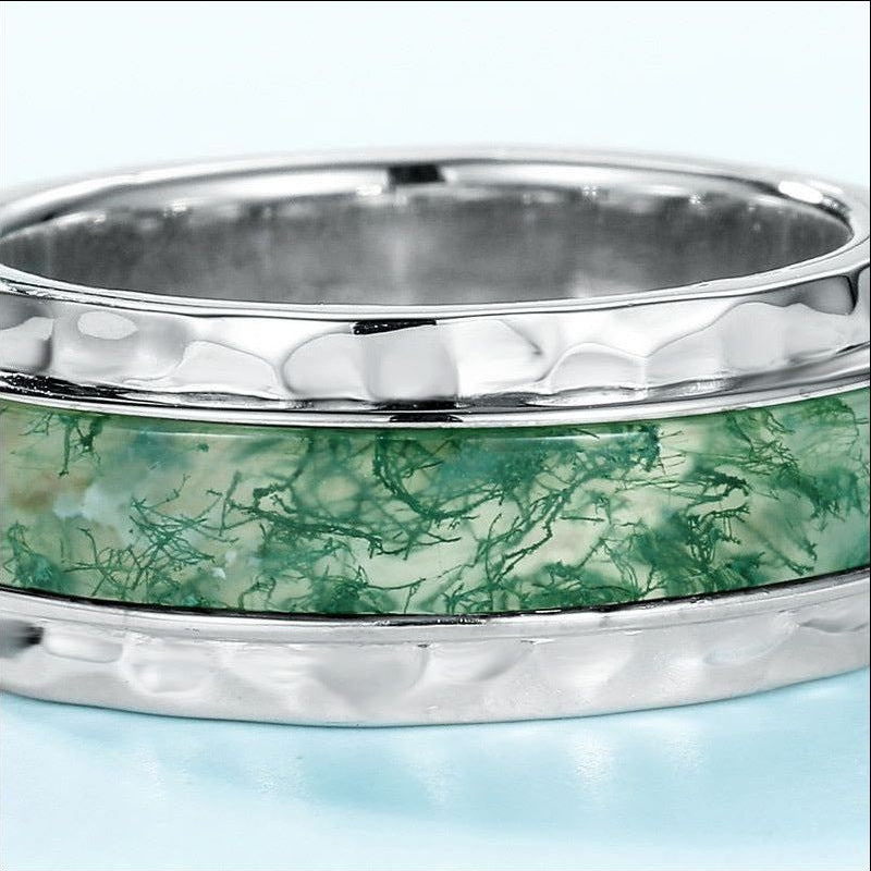 Bold Hammered Sterling Silver Moss Agate Statement Band Ring