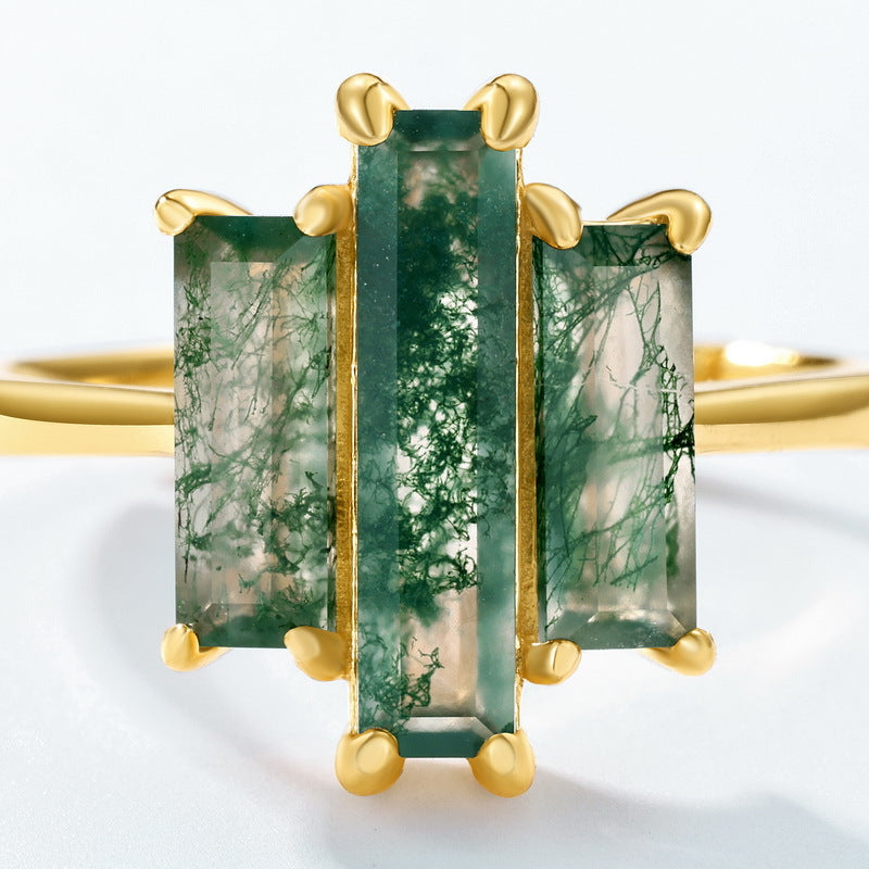 Geometric Tri-Panel Moss Agate Gold Statement Ring