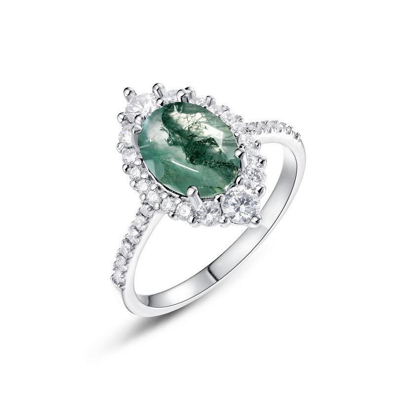 Sylvie’s Dew | Oval Moss Agate Engagement Ring with Diamond Halo & Band Accents.