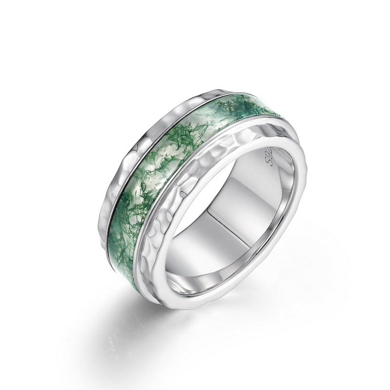 Bold Hammered Sterling Silver Moss Agate Statement Band Ring
