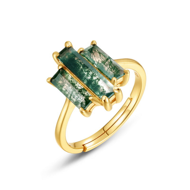 Geometric Tri-Panel Moss Agate Gold Statement Ring