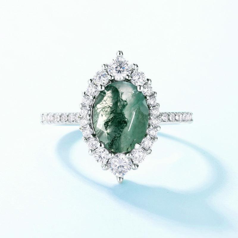 Sylvie’s Dew | Oval Moss Agate Engagement Ring with Diamond Halo & Band Accents.